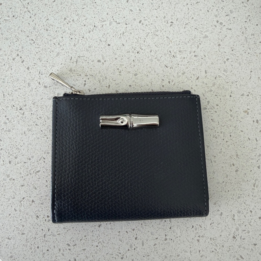 Longchamp Blue Leather Zip Wallet with Silver Hardware